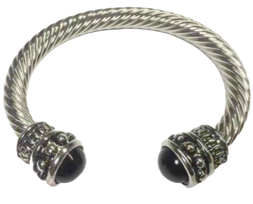 Silver Cable cuff bracelet with Black Stone end caps