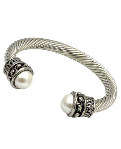 Silver Cable cuff bracelet with Pearl end caps