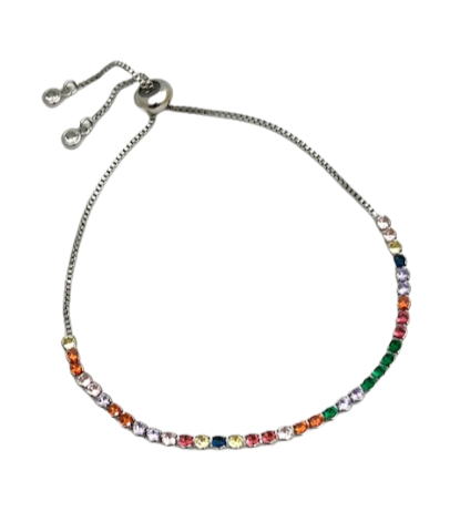 24/7 Wear Silver and Small CZ Crystal Multicolor Stainless Steel Tennis Slider Bracelet