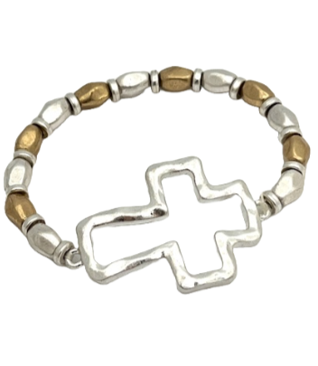 Two Tone Stretch Bracelet with Hammered Bead and Silver Cross Pendant