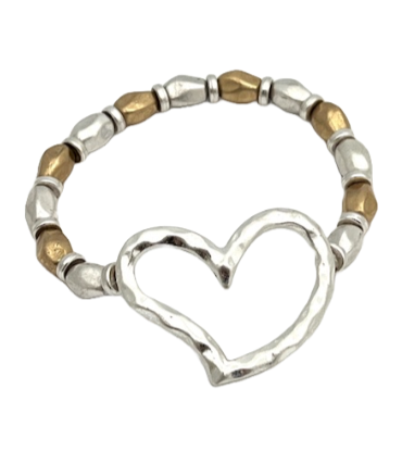 Two Tone Stretch Bracelet with Hammered Bead and Silver Heart Pendant