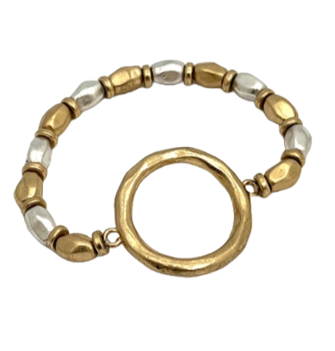 Two Tone Stretch Bracelet with Hammered Bead and Gold Circle Pendant