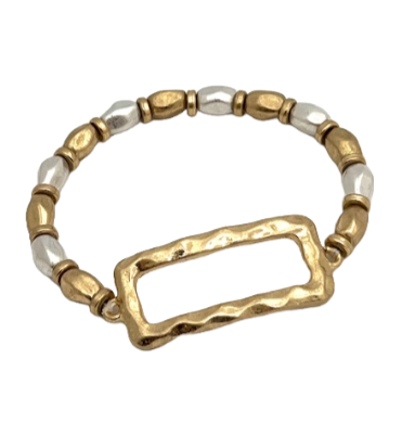 Two Tone Stretch Bracelet with Hammered Bead and Gold Rectangle Pendant