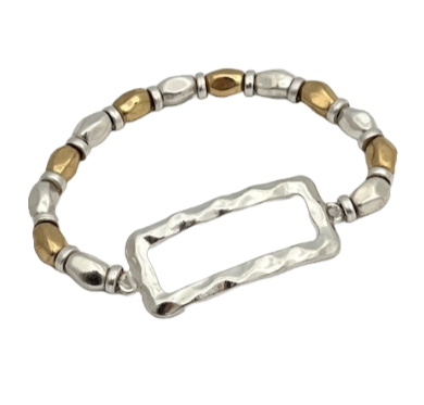 Two Tone Stretch Bracelet with Hammered Bead and Silver Rectangle Pendant