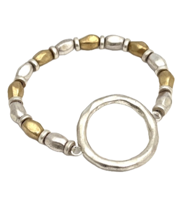 Two Tone Stretch Bracelet with Hammered Bead and Silver Circle Pendant