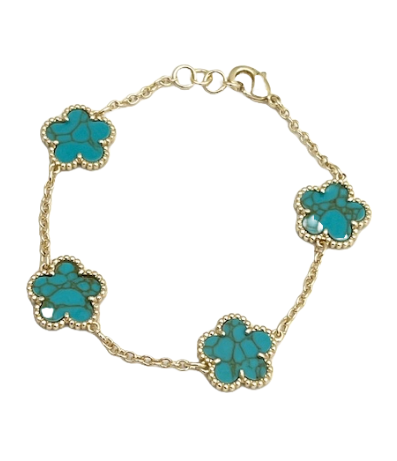 24/7 Wear Silver 4 Flower Link Chain with Clasp Bracelet - Turquoise