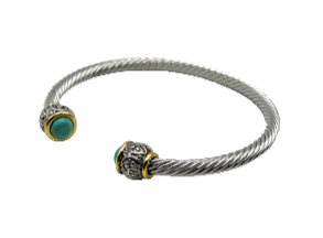 24/7 Wear Turquoise End Caps #4 Two Tone Cable  - Stainless Steel bracelet