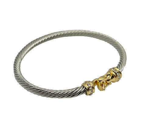 24/7 Wear  Hook Lock with Crystal End Caps Two Tone Cable Stainless Steel Bangle