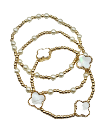 Set of 3 Mother of Pearl Clover Gold and Pearl Stretch Beaded Bracelets