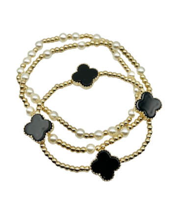 Set of 3 Black Clover Gold and Pearl Stretch Beaded Bracelets