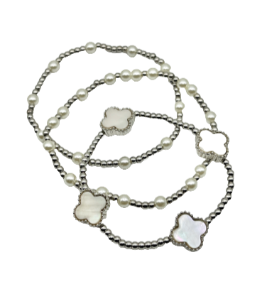 Set of 3 Mother of Pearl Clover Silver and Pearl Stretch Beaded Bracelets