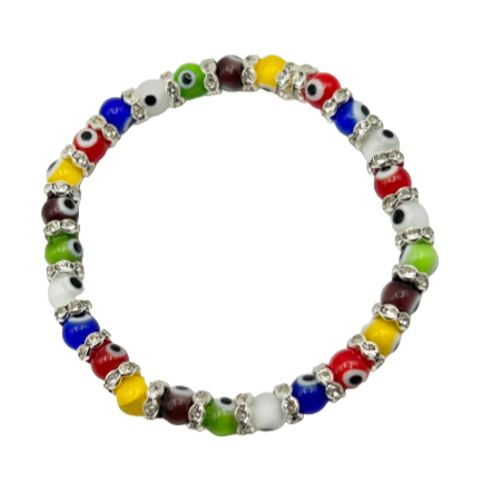 Multicolor Evil Eye Protection Bead and Crystal Stretch Bracelet