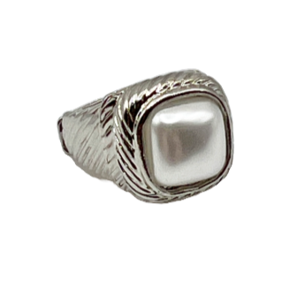 Large Square Pearl Silver Stretch Ring with Cable designs