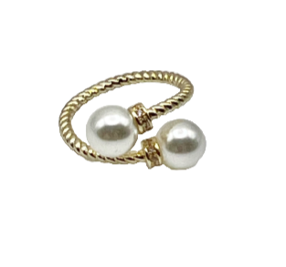 Pearl and Cable Silver Ring with Crystals - Adjustable