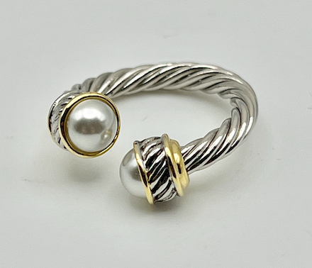 Pearl and Cable Silver Ring - Adjustable
