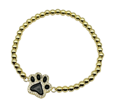 Gold Dog Paw Charm Stainless Steel Ball Bead Stretch Bracelet - 4MM Bead Size