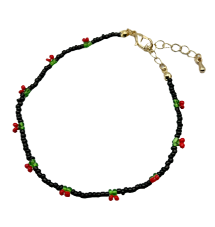 Cherry Beaded Anklet with Black Beads