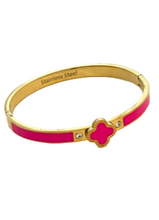 24/7 Wear Stainless Steel Gold or Silver Clover Bangle with Crystals and Clasp - 6 Colors