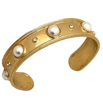 Gold Cuff with Inlaid Crystal or Pearl Stones - 6 Colors