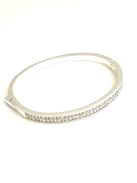 24/7 Wear Silver Double Row of Crystals Stainless Steel Bangle with Clasp