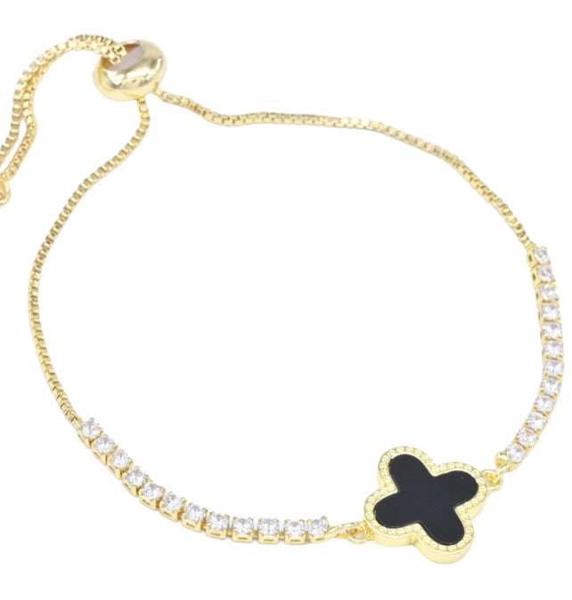 24/7 Wear Stainless Steel Gold and Crystal Clover Adjustable Bracelet