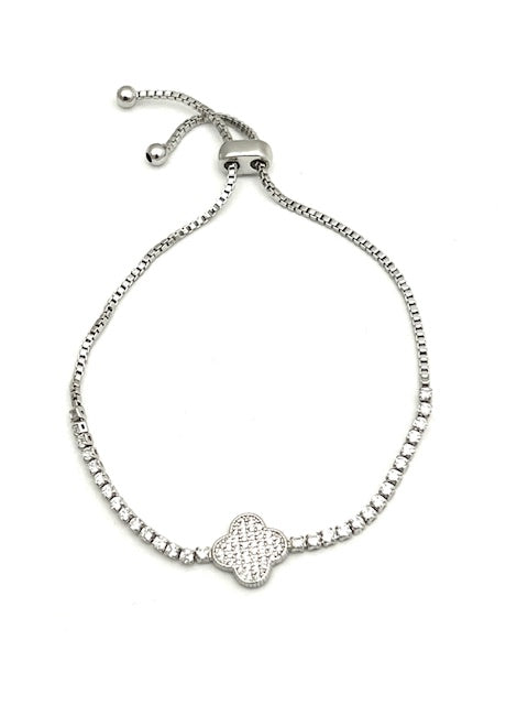 24/7 Wear Silver with Cubic Zirconia Clover Stainless Steel Slider Bracelet