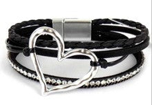 Multi Strand Hammered Heart Bracelet with Metal Beads and Leather Magnetic Closure - 7 Colors