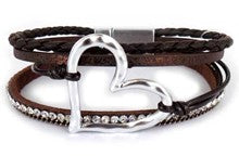 Multi Strand Hammered Heart Bracelet with Metal Beads and Leather Magnetic Closure - 7 Colors