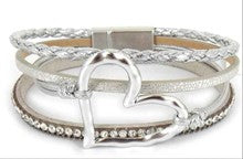 Multi Strand Hammered Heart Bracelet with Metal Beads and Leather Magnetic Closure - 7 Colors