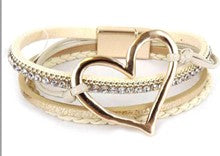 Multi Strand Hammered Heart Bracelet with Metal Beads and Leather Magnetic Closure - 7 Colors