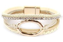 Multi Strand Oval Pendant and Crystals Leather Bracelet with Magnetic Closure - 5 Colors