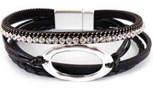 Multi Strand Oval Pendant and Crystals Leather Bracelet with Magnetic Closure - 5 Colors
