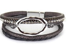 Multi Strand Oval Pendant and Crystals Leather Bracelet with Magnetic Closure - 5 Colors
