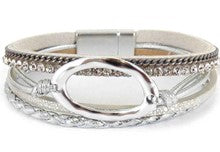 Multi Strand Oval Pendant and Crystals Leather Bracelet with Magnetic Closure - 5 Colors