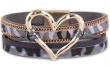 Multi Strand Hammered Heart Bracelet with Metal Beads and Leather Magnetic Closure - 7 Colors