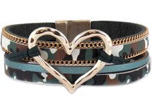 Multi Strand Hammered Heart Bracelet with Metal Beads and Leather Magnetic Closure - 7 Colors