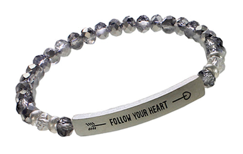 Genuine Glass Gray FOLLOW YOUR HEART Inspirational Bracelet