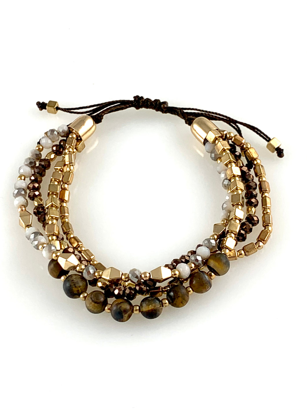 Multi strand brown crystal gold and tiger eye stone bead adjustable bracelet