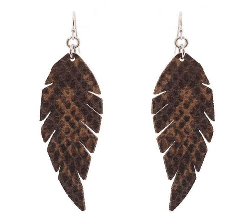 BROWN SNAKE SKIN STYLE FAUX LEATHER FEATHER EARRINGS