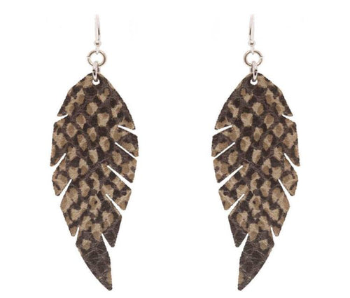 BEIGE SNAKE SKIN STYLE FAUX LEATHER FEATHER EARRINGS