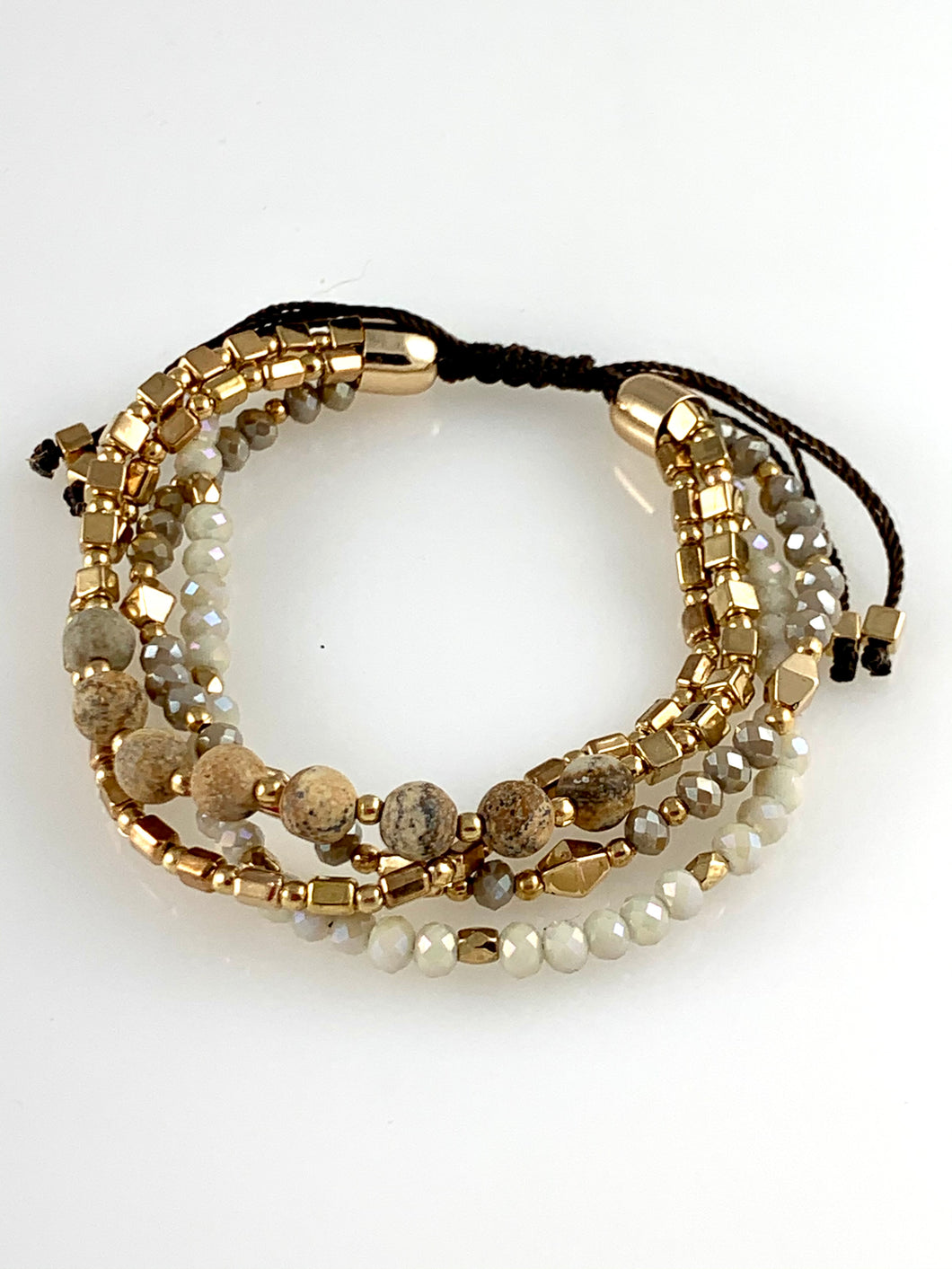 Multi strand tan crystal gold and picture jasper stone bead adjustable bracelet