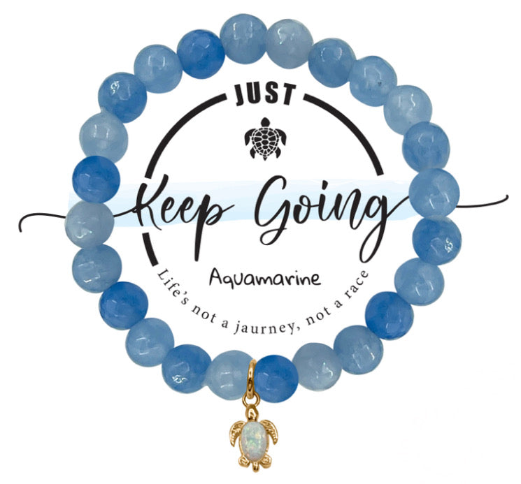 Just Keep Going Sea Turtle Charm Semi-Precious Aquamarine Stone Stretch Inspirational Bracelet