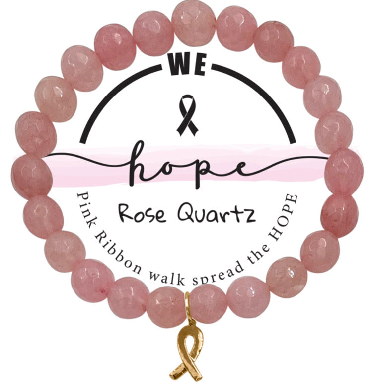 Pink Ribbon Hope Charm Semi-Precious Rose Quartz Stone Stretch Inspirational Bracelet