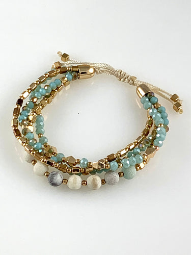 Multi strand green crystal gold and amazonite stone bead adjustable bracelet