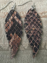 BROWN SNAKE SKIN STYLE FAUX LEATHER FEATHER EARRINGS