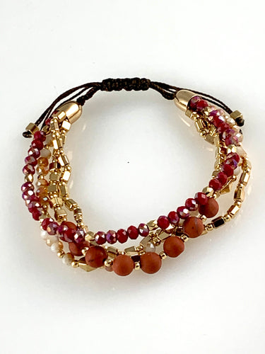 Multi strand red crystal gold and red jasper stone bead adjustable bracelet