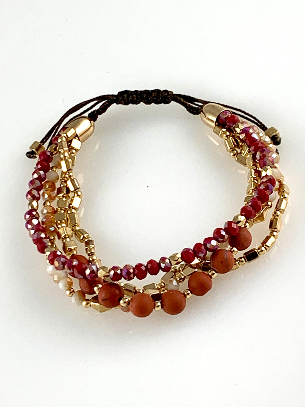 Multi strand red crystal gold and red jasper stone bead adjustable bracelet