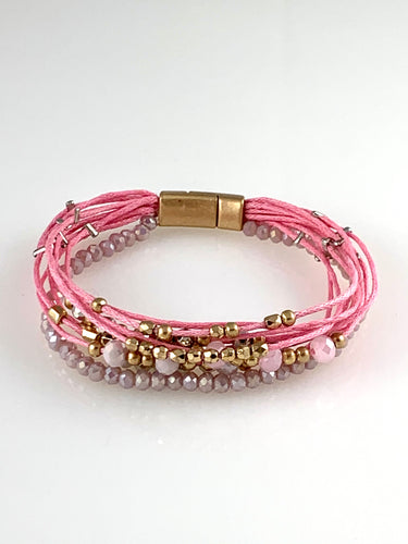 Pink multi strand Crystal and Metal Bead magnetic bracelet