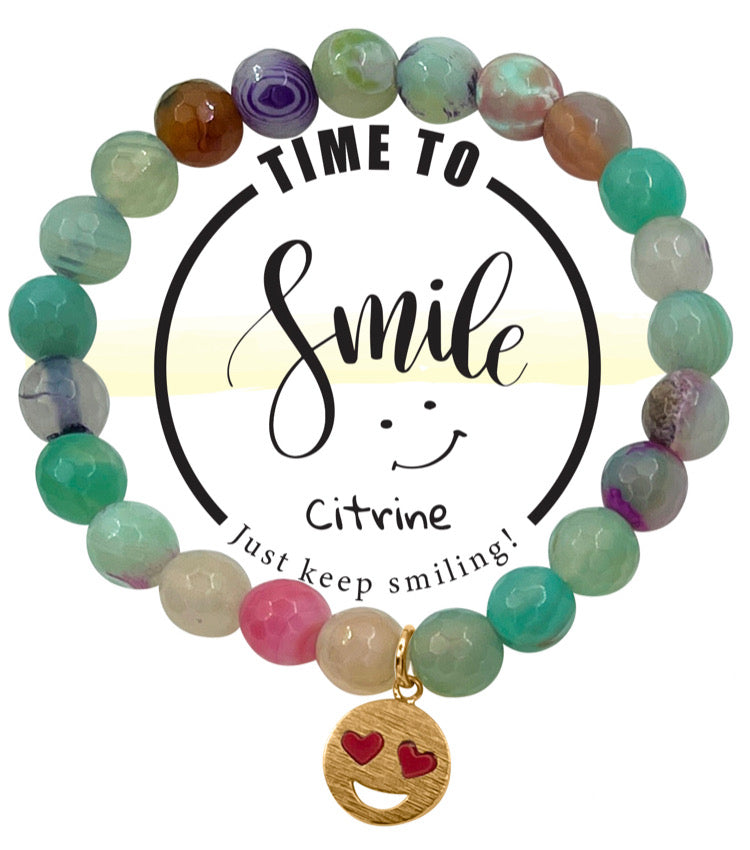 Smiley Face Charm Semi-Precious Citrine Stone Stretch Inspirational Bracelet