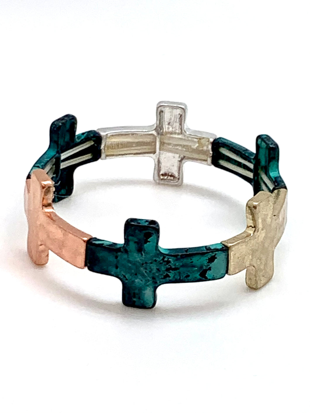 Multi Hammered Metal Stretch Bracelet Cross - Gold Silver Copper Patina